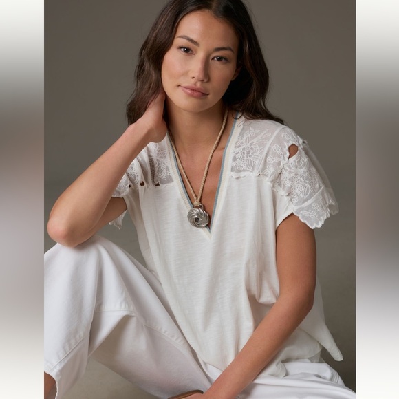 NWT By Anthropologie short sleeve lace shoulder top - Picture 1 of 4